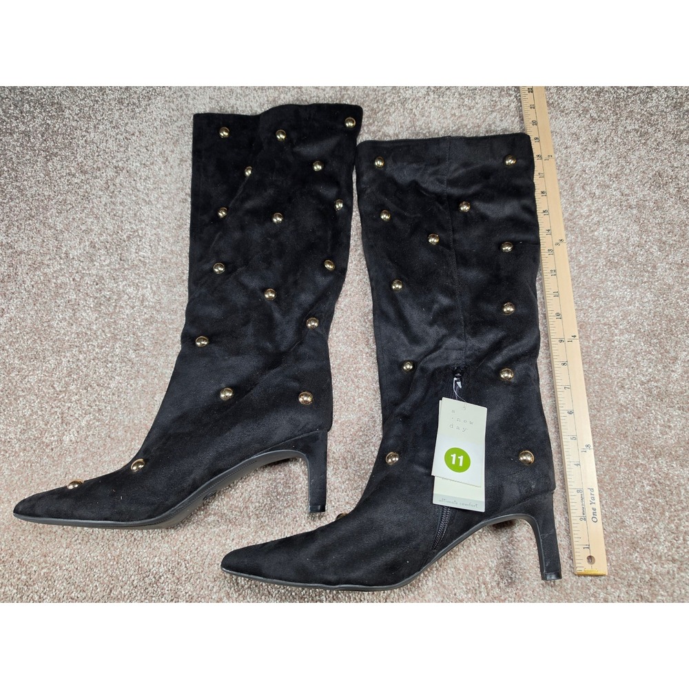 A New Day Black Faux Suede Studded Pointed Toe Kitten Heel Boots Size 11